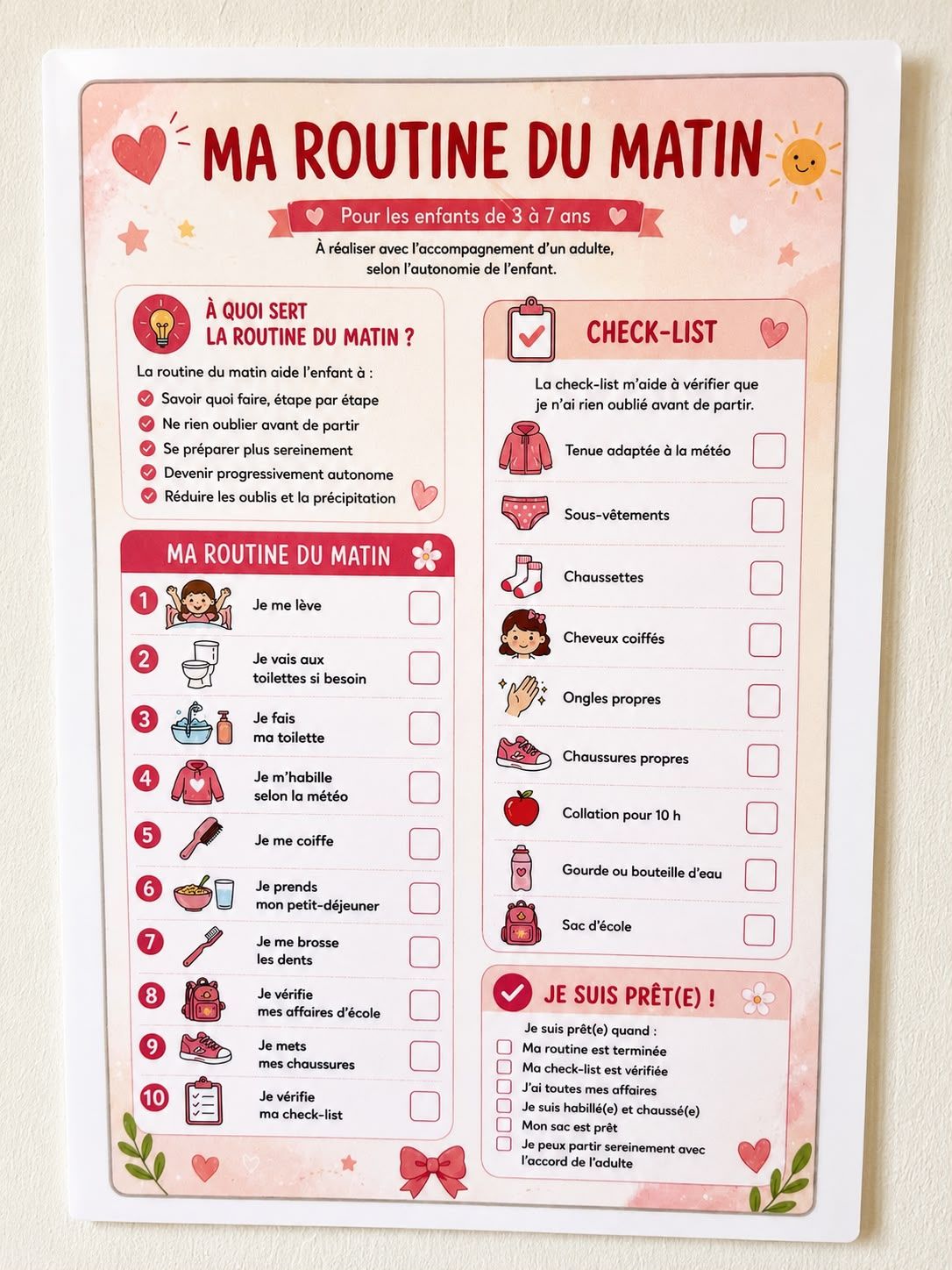 Fiche Routine du Matin — 3 à 7 ans (Rose Pastel)